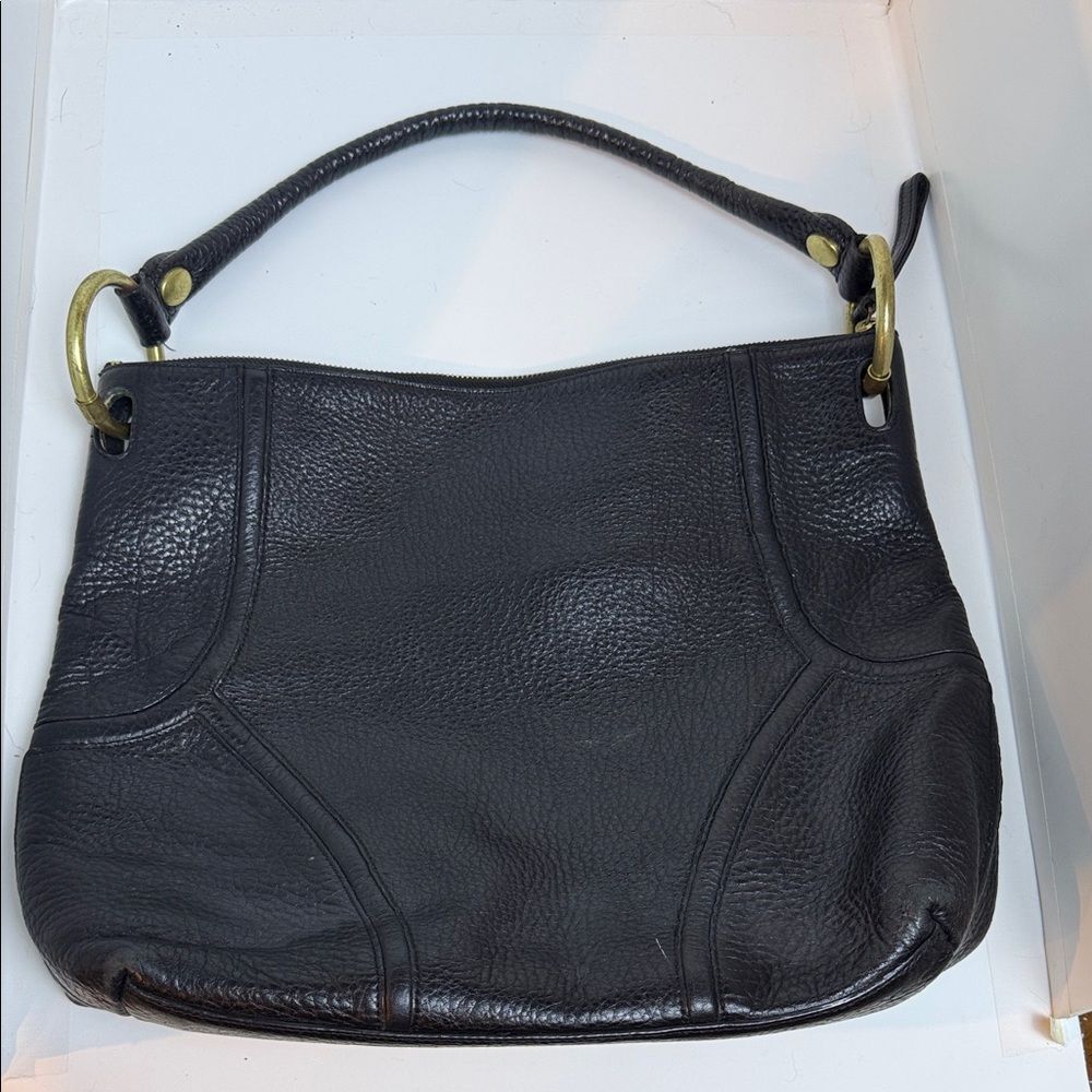 Kenneth Cole New York Black Leather Shoulder Bag with Gold Hardware,